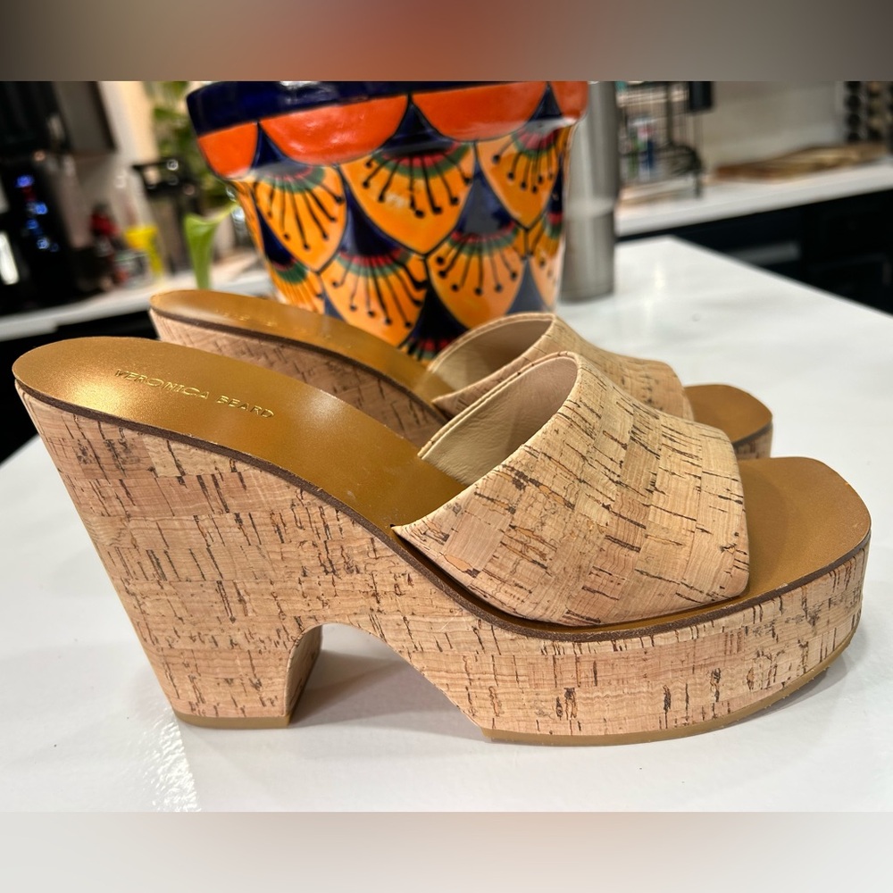 Veronica Beard Tan Cork Mules with Square Toe and Minimalist Design , Size 9.5